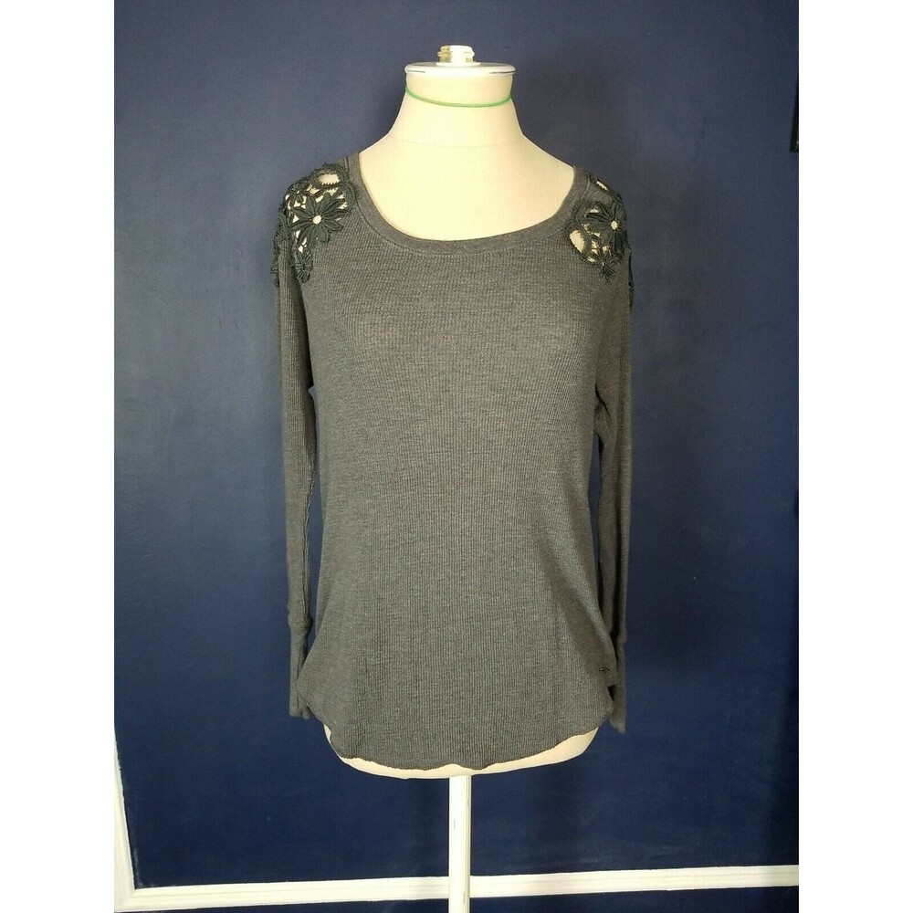American Eagle Outfitters Charcoal Gray Boho Crochet Thermal Waffle Knit Top XS
